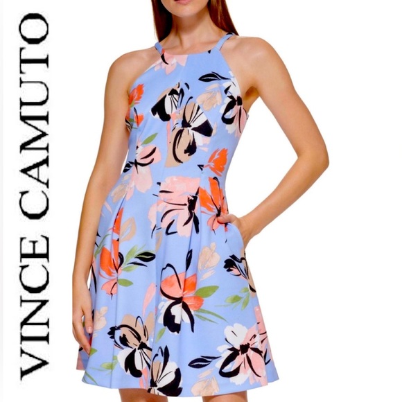 Vince Camuto Dresses & Skirts - 26. NWOT ~ Vince Camuto Floral Print Halter ~ Fit & Flare Dress in Blue ~ Sz 18